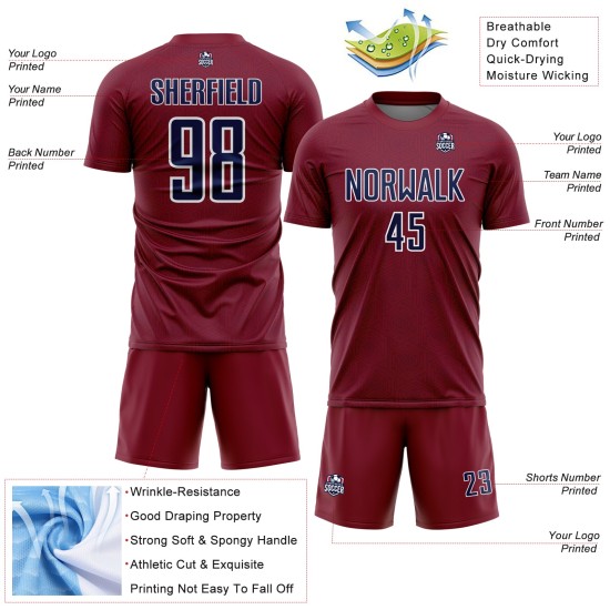 Custom Crimson Uniform Navy-White Sports Shape Geometric Sublimation Soccer Jersey Custom Crimson Uniform Navy-White Sports Shape Geometric Sublimation Soccer Jersey