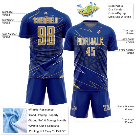 Uniform Custom Sports Royal Jersey Lines Soccer Old Gold-White Sublimation