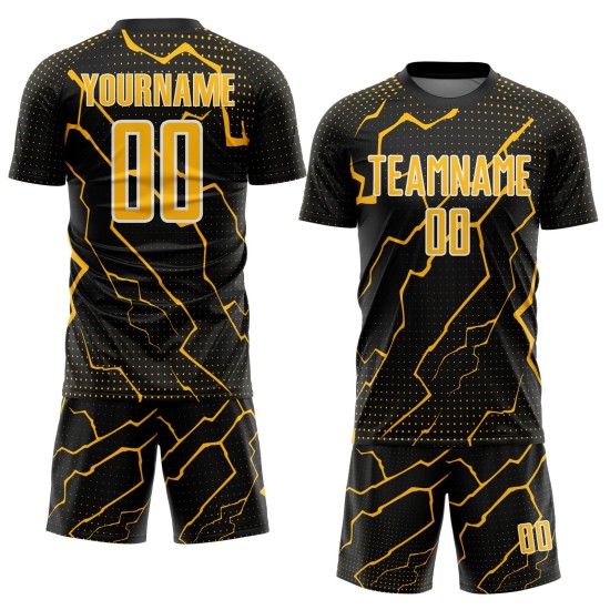 Gold-White Lightning Soccer Custom Uniform Black Sublimation Jersey Sports